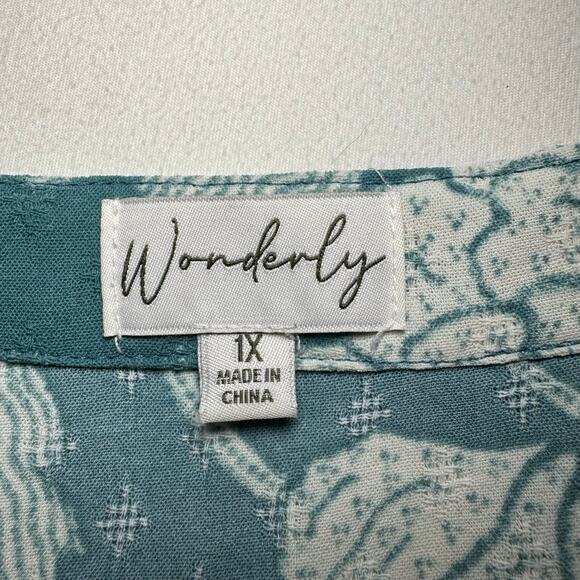 Wonderly V-neck blouse with a green and white floral print & flutter sleeves. 1X - Picture 5 of 8